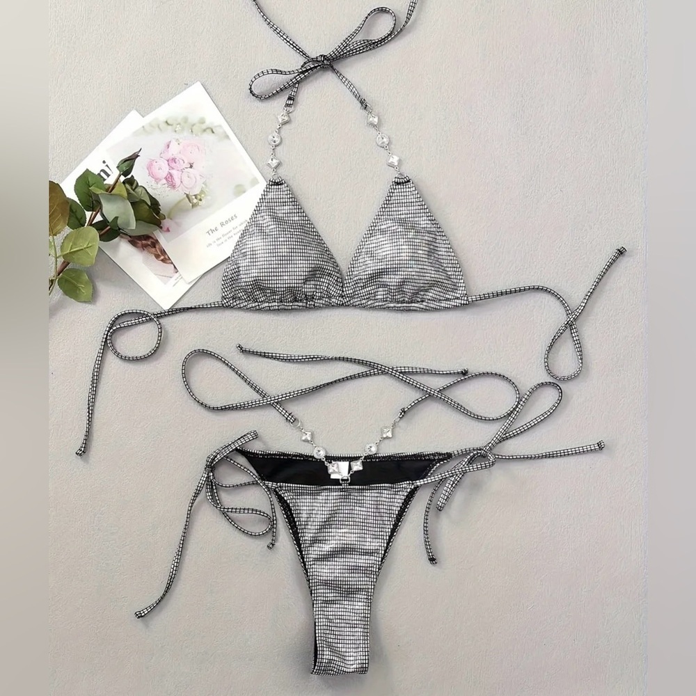 Silver Halter Rhinestone Studded Tie Sides Bikini Set - Picture 5 of 7